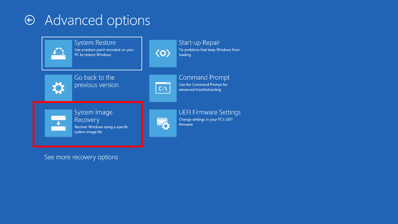 Captura de pantalla de recuperación de imagen del sistema de Windows 10