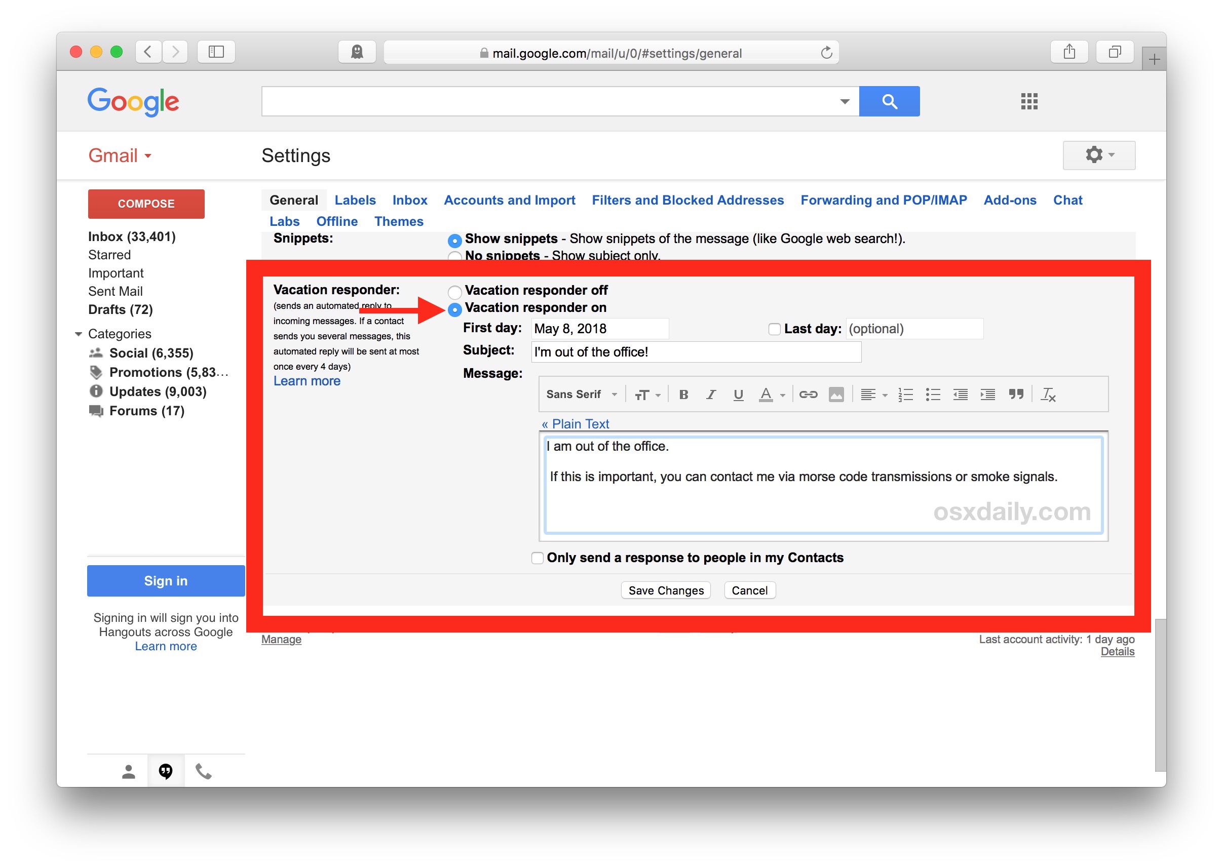 Cómo configurar un correo electrónico de respuesta automática de vacaciones de Gmail en Gmail