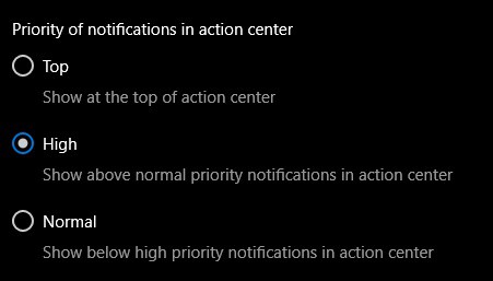 Centro de actividades de Windows 10, prioridad de notificaciones