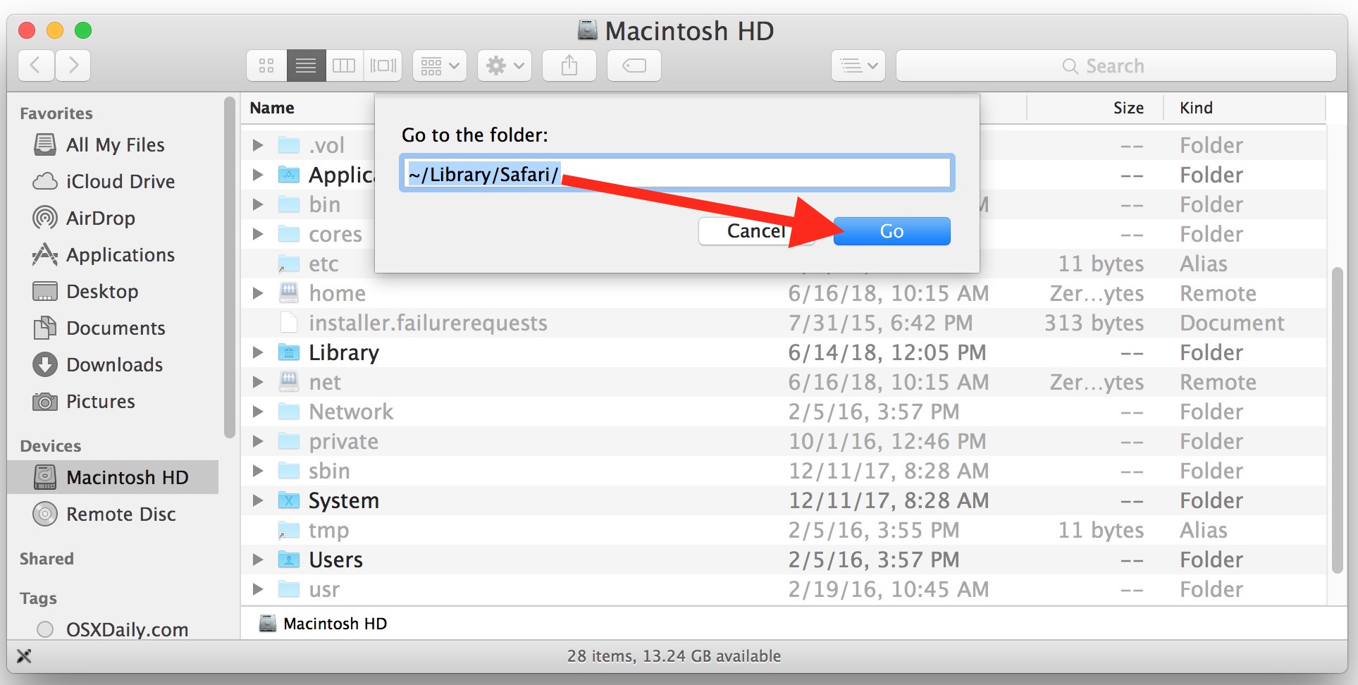 Accede a la carpeta de la ubicación de datos de Safari en tu Mac