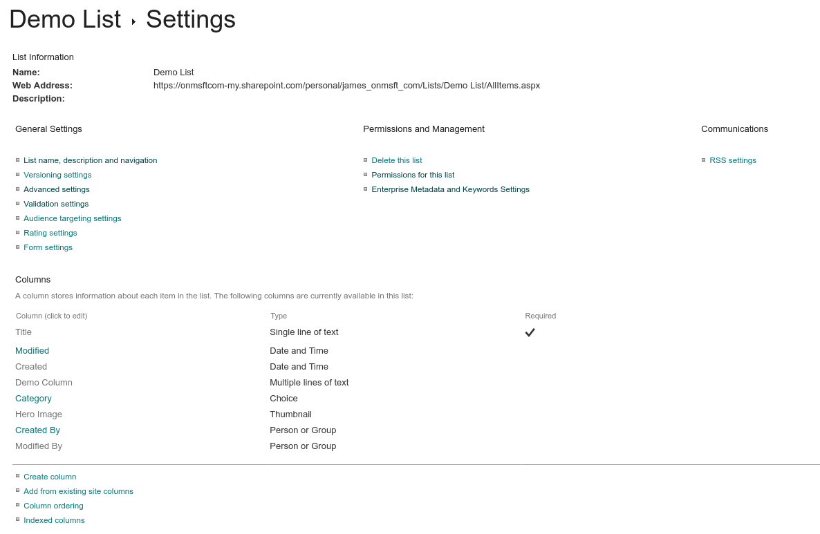 Captura de pantalla de la configuración de una lista de listas de Microsoft mediante la interfaz de configuración de SharePoint
