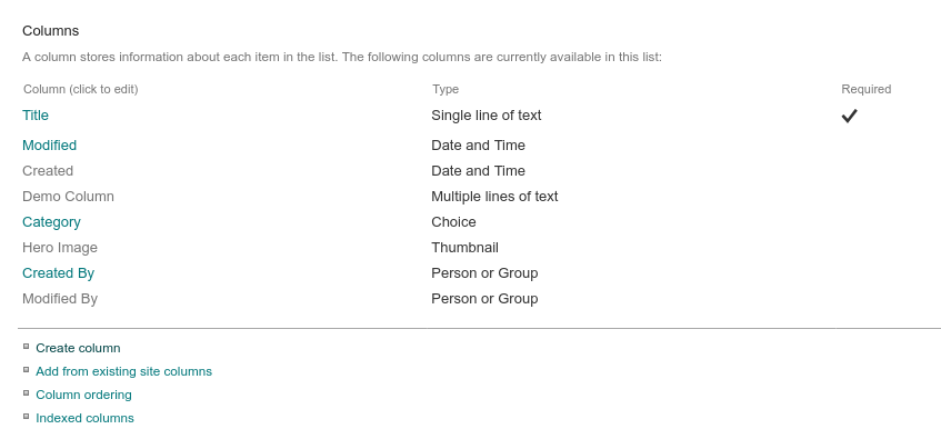 Captura de pantalla de la configuración de una lista de listas de Microsoft mediante la interfaz de configuración de SharePoint
