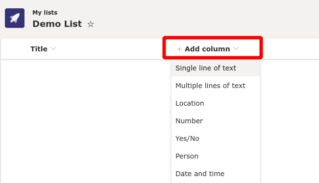 Captura de pantalla de la creación de columnas en listas de Microsoft