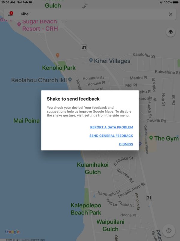 Agitar para enviar comentarios a Google Maps para iOS