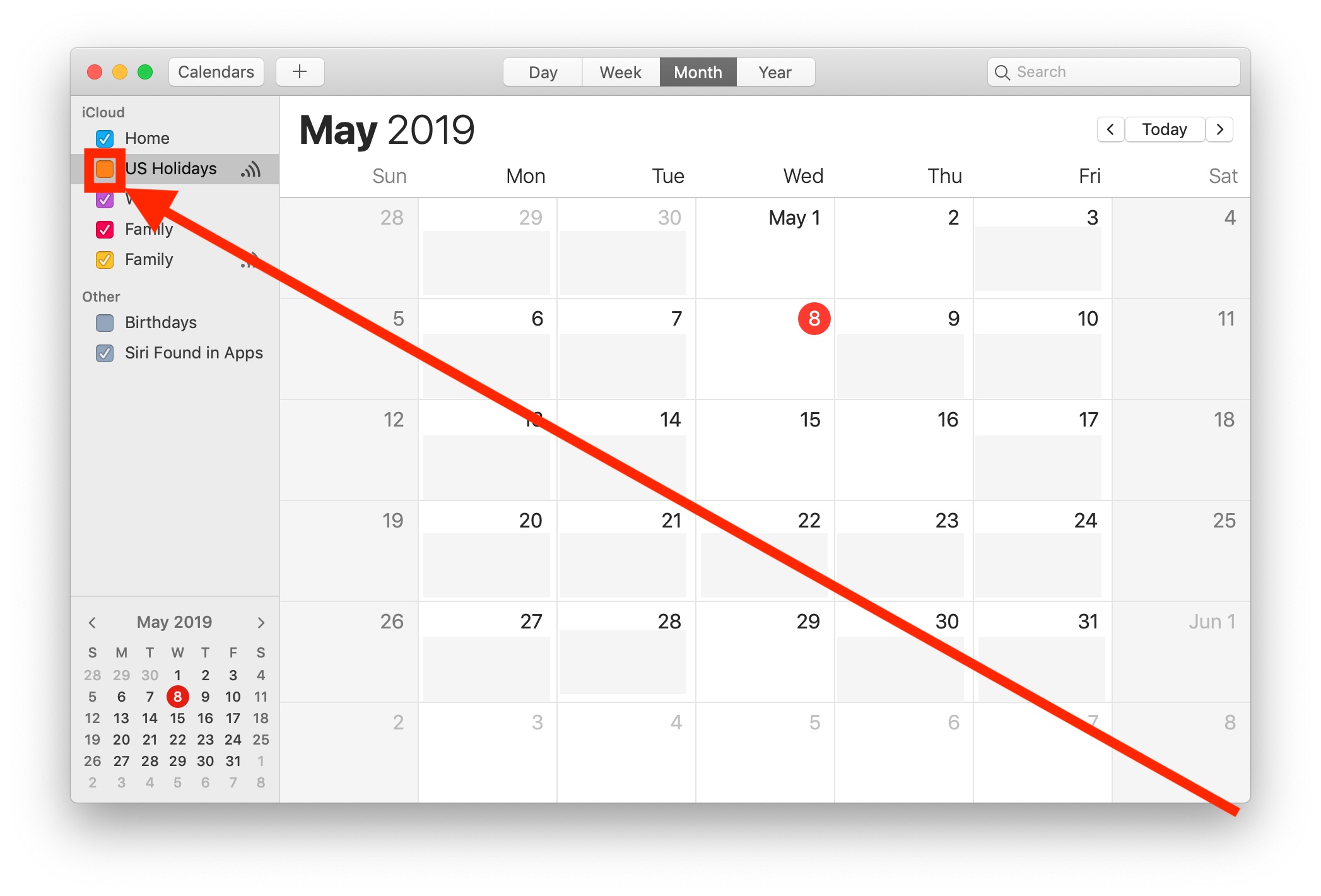 Ocultar el calendario de vacaciones en su Mac