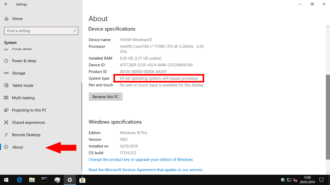 Windows 10 verifica el tipo de arquitectura del sistema en la configuración