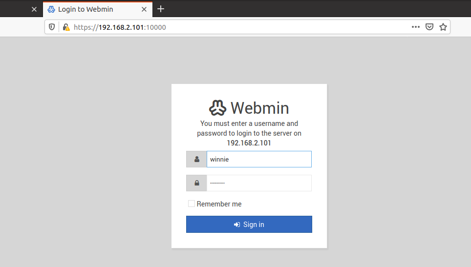 Página de inicio de sesión de Webmin Ubuntu 20.04