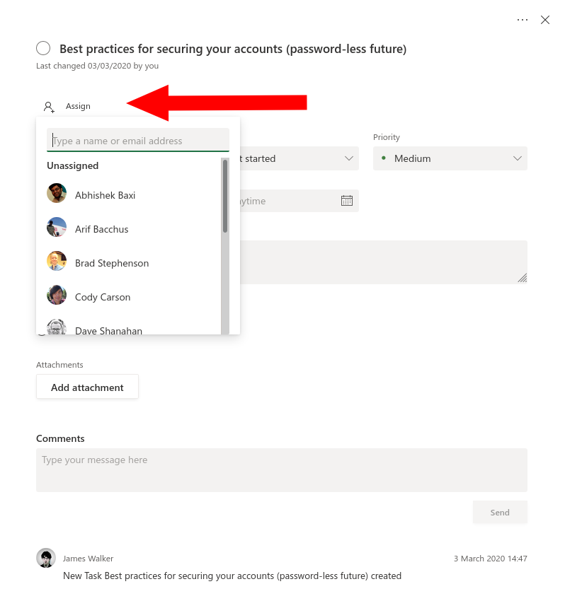 Captura de pantalla de los asignados en Microsoft Planner