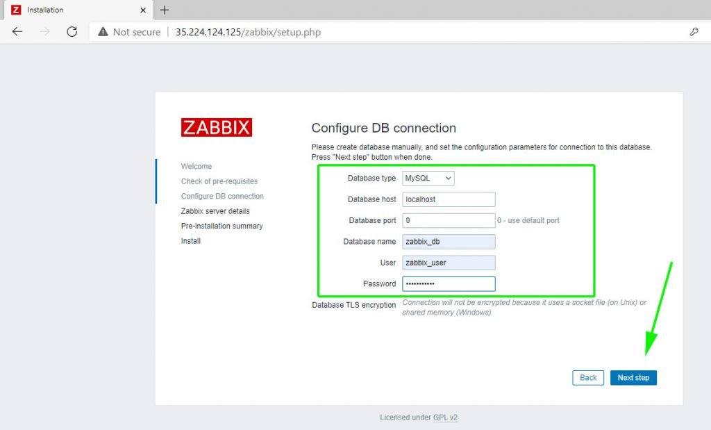 configurar la conexión de la base de datos Zabbix