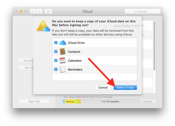 Elija conservar una copia de sus datos cuando elimine su cuenta de iCloud y su ID de Apple de su Mac