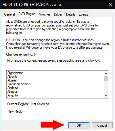 Edición de la región de la unidad de DVD en Windows 10
