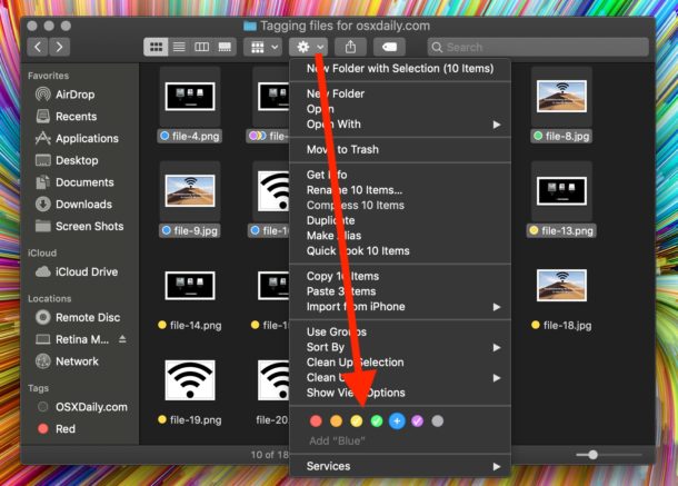 Cómo etiquetar archivos o carpetas en Mac desde el menú Finder Gear
