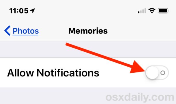 Deshabilite las notificaciones de fotos y memoria en la configuración de iOS