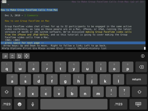 iSH linux shell ejecutando linx en iPad