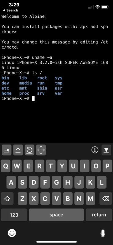 Shell iSH Linux en iPhone