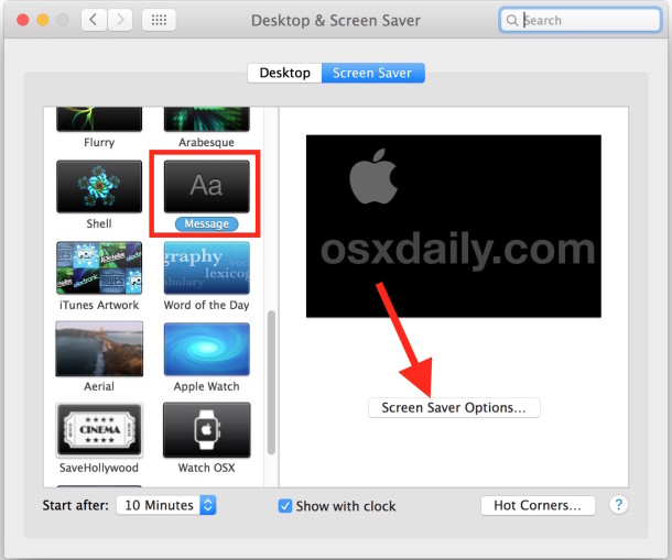Mensaje de protector de pantalla personalizado en Mac OS X.