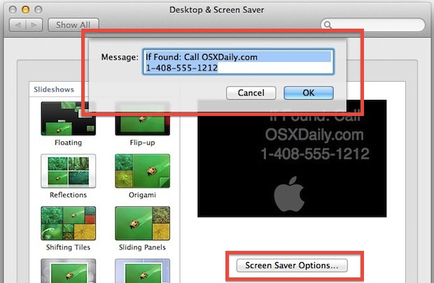 Personalice el mensaje del protector de pantalla en Mac OS X.