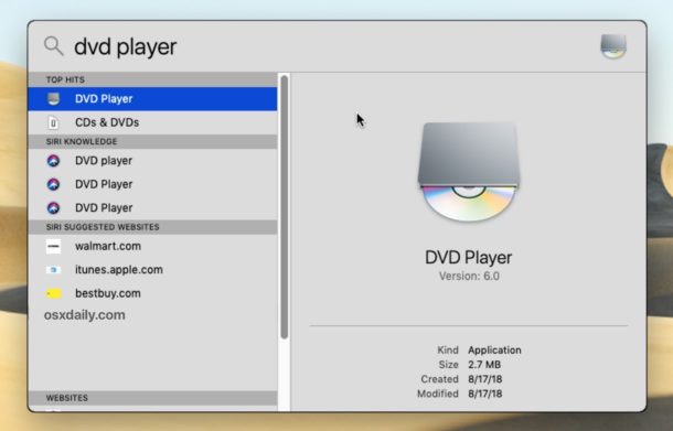 El reproductor de DVD en MacOS se puede abrir con Spotlight