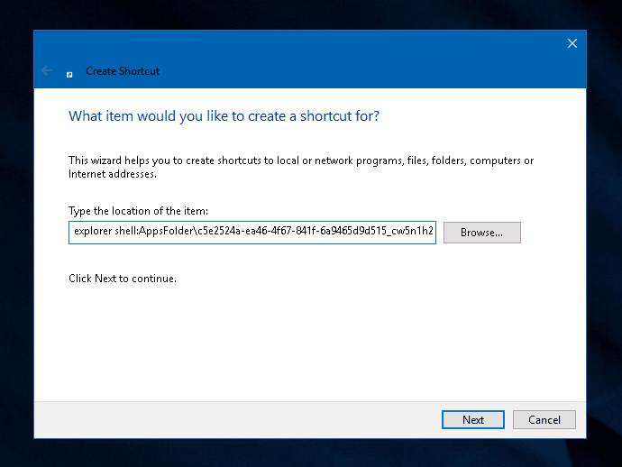 Nueva ventana de acceso directo de Windows 10