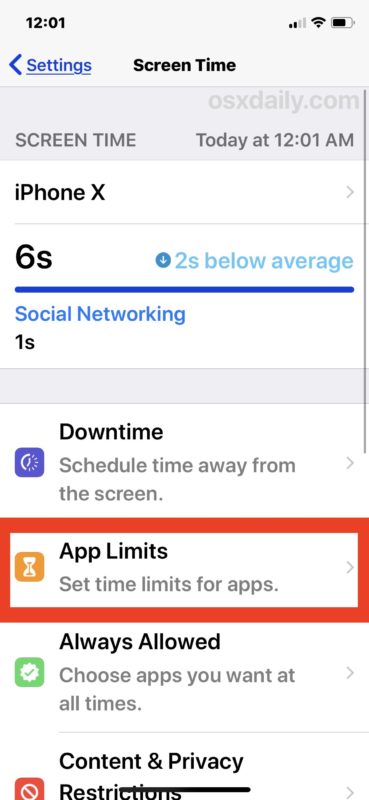 Seleccione los límites de la aplicación para limitar el uso del tiempo para las aplicaciones de iOS