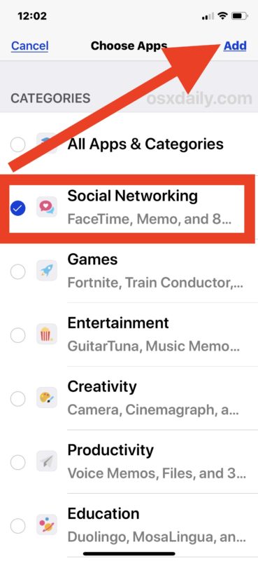 Elija Redes sociales para establecer el límite de tiempo en iOS Screen Time