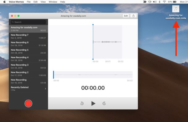 El archivo de memoria de voz guardado como un archivo de audio en la Mac