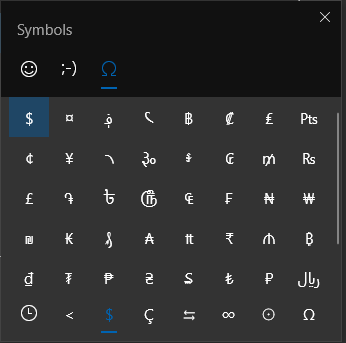 Captura de pantalla del selector de emojis de Windows 10