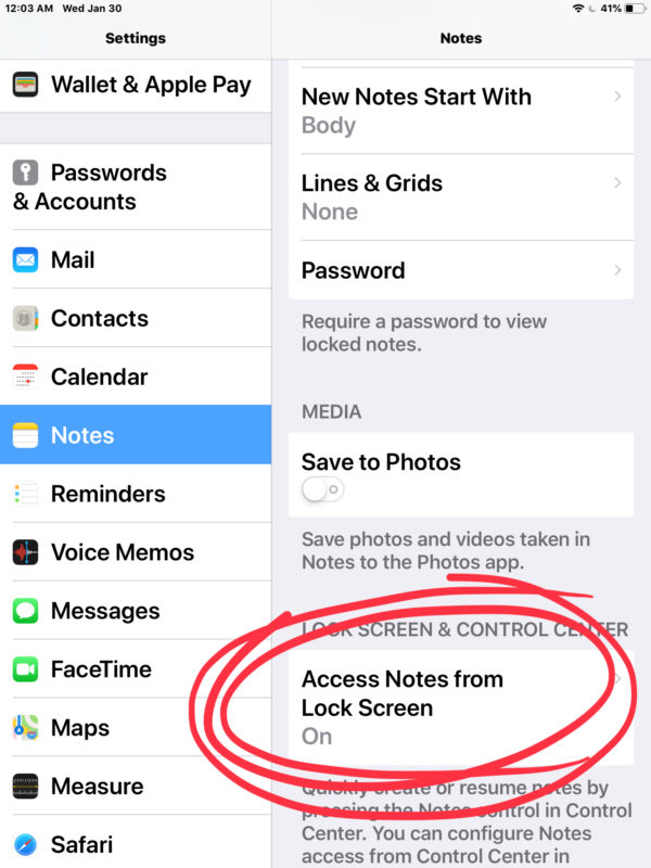 Habilitar el bloqueo de pantalla de Notes en iOS