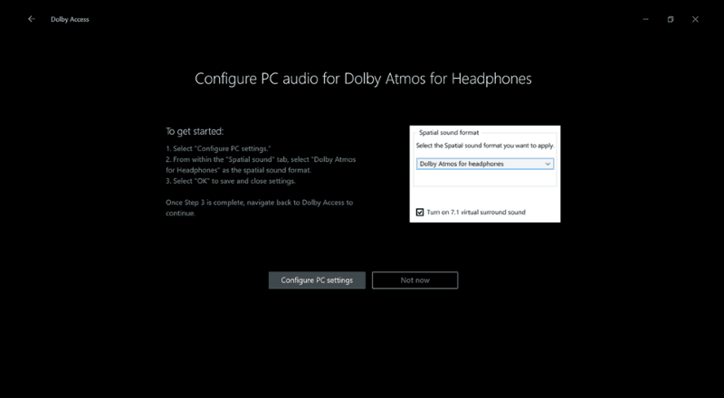 Captura de pantalla de la configuración de Dolby Atmos de Windows 10