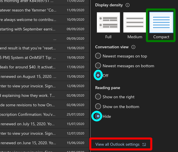 Captura de pantalla de la configuración de pantalla en la aplicación web de Outlook