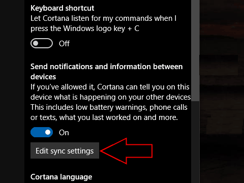 Captura de pantalla del botón Editar configuración de sincronización de Cortana