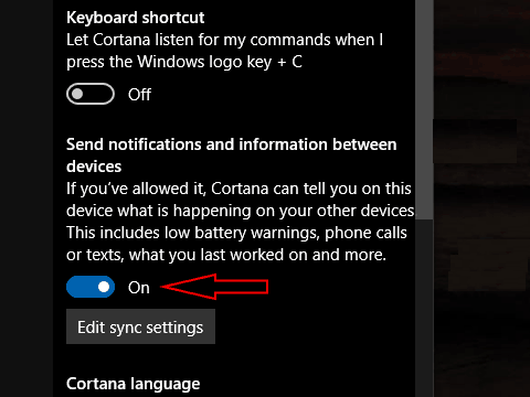 Captura de pantalla del botón de desactivación de sincronización de Cortana