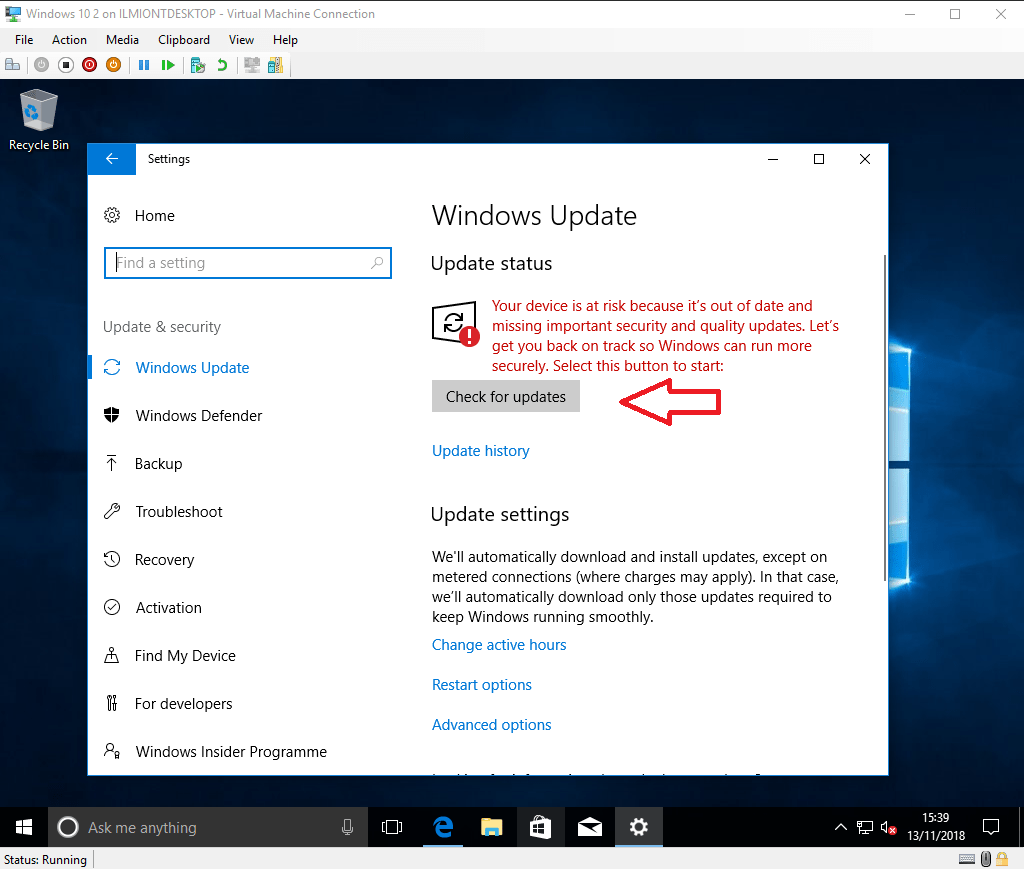 Captura de pantalla de la configuración de actualización de Windows 10