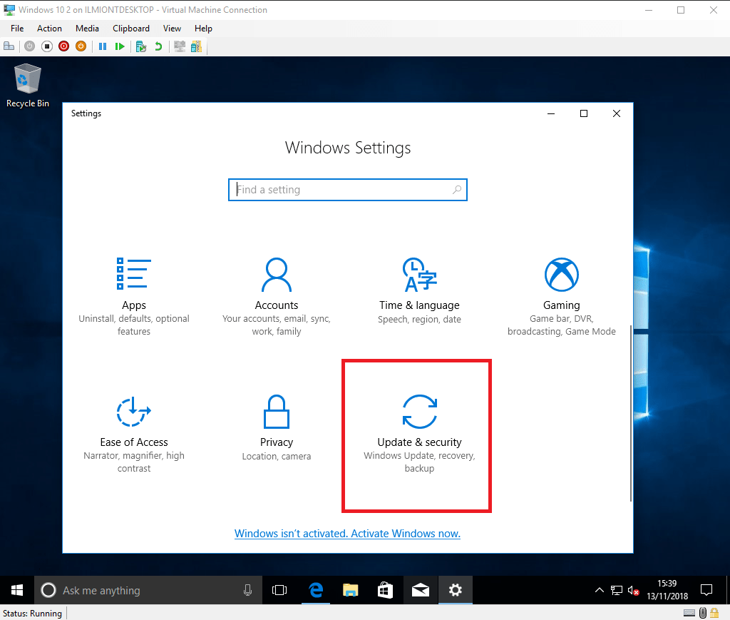 Captura de pantalla de la configuración de actualización de Windows 10