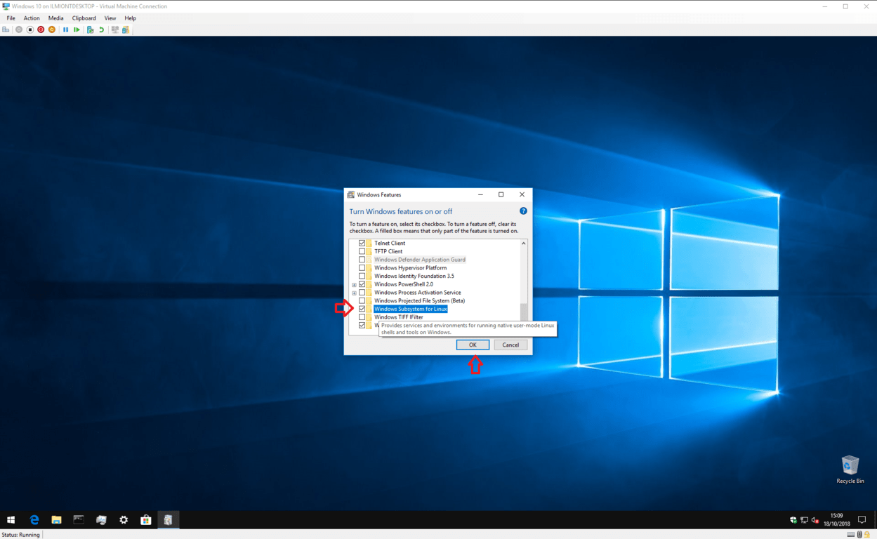 Captura de pantalla de la habilitación del subsistema de Windows para Linux