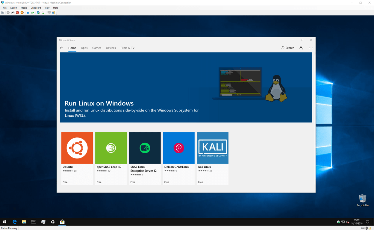 Captura de pantalla de las distribuciones de Linux en la Tienda Windows