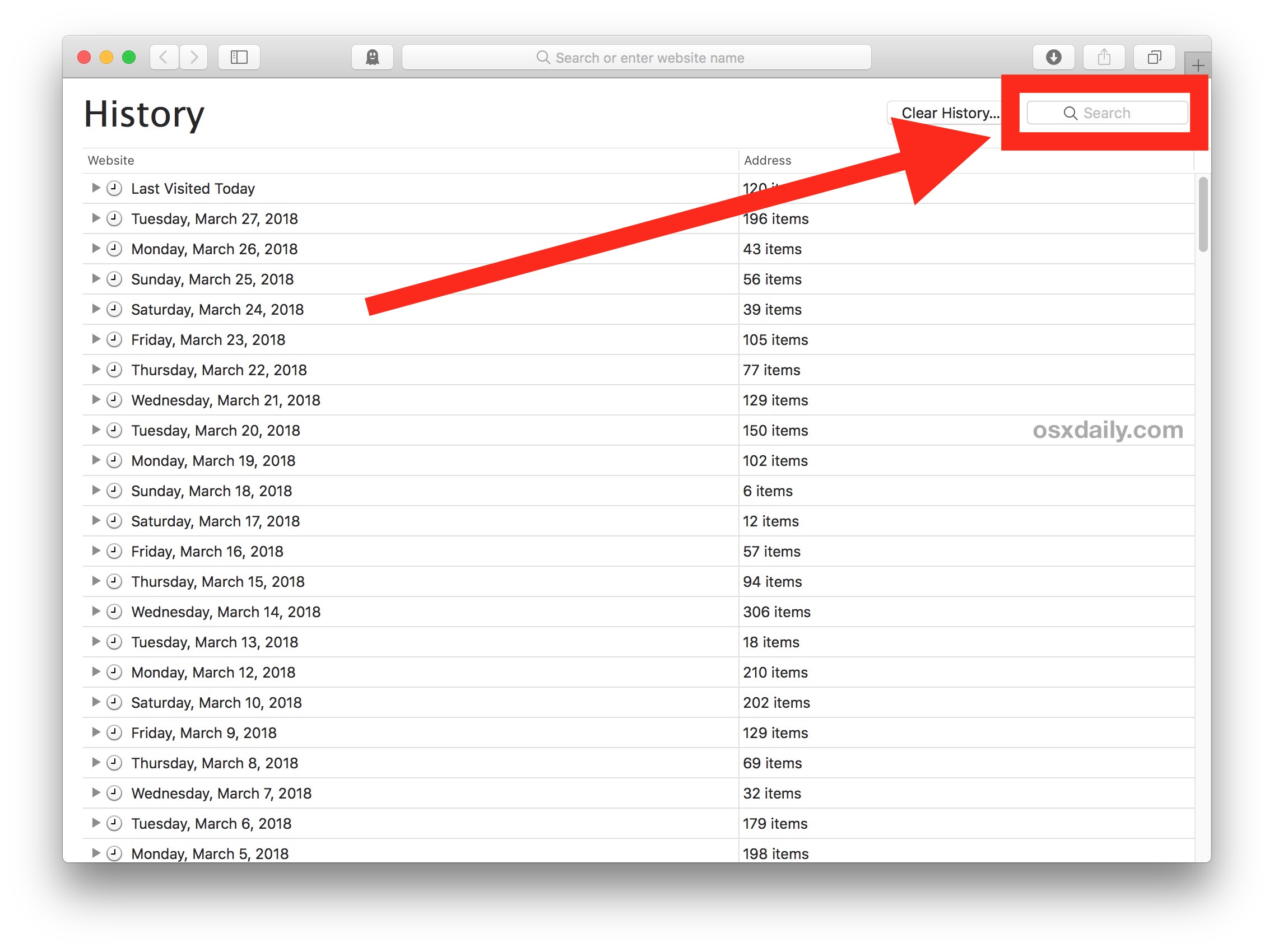 Ir a Búsqueda del historial de Safari en Mac