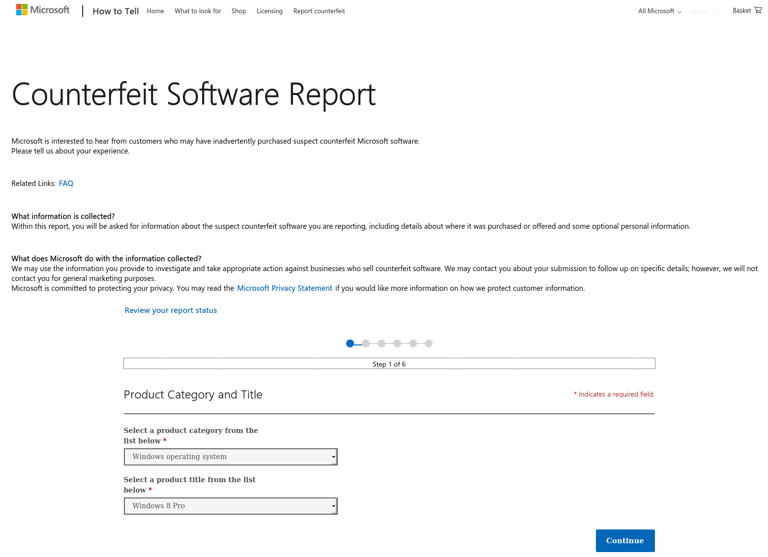 Formulario de informe de software falsificado de Microsoft