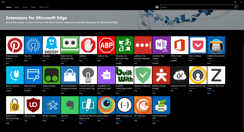 Captura de pantalla que muestra las extensiones de Microsoft Edge en la Tienda Windows