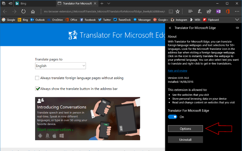 Captura de pantalla que muestra una pantalla de configuración dedicada de extensiones de Microsoft Edge