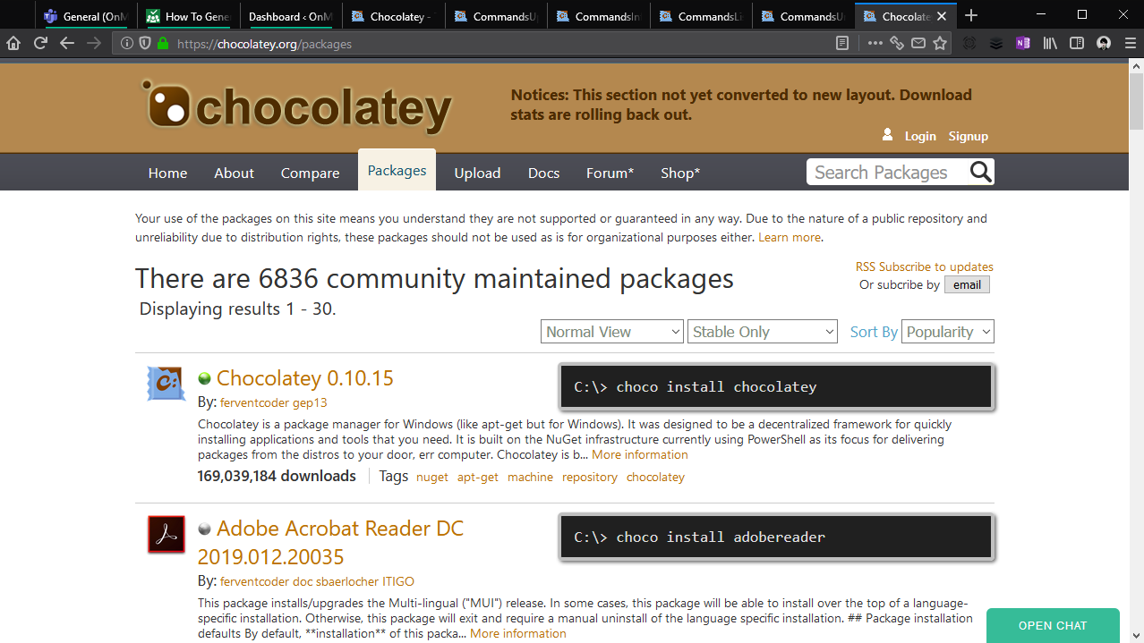 Captura de pantalla del uso del administrador de paquetes Chocolatey