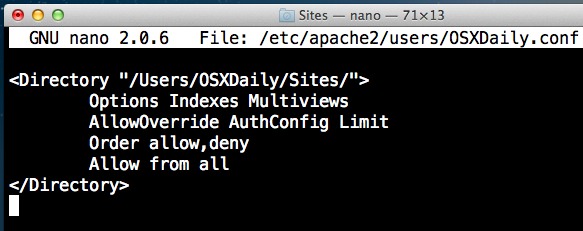 Servidor web Apache en el archivo de configuración de usuario de Mac OS X. 