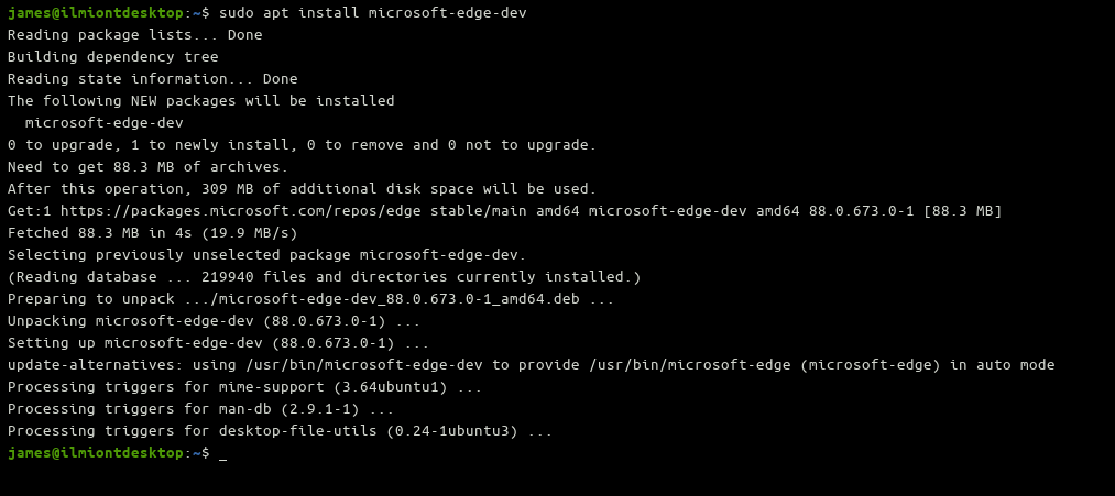 Captura de pantalla de la instalación de Microsoft Edge Dev en Ubuntu