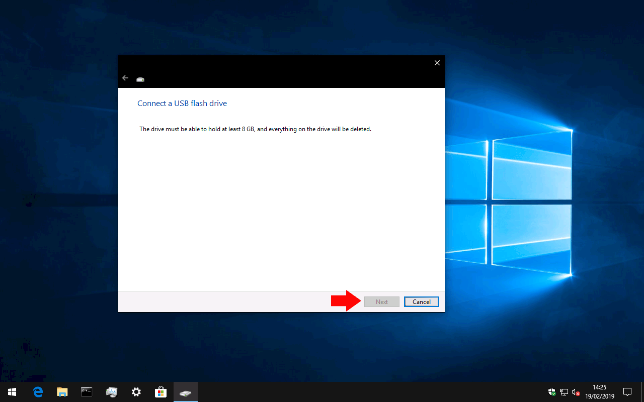 Captura de pantalla de la creación de una unidad de recuperación en Windows 10