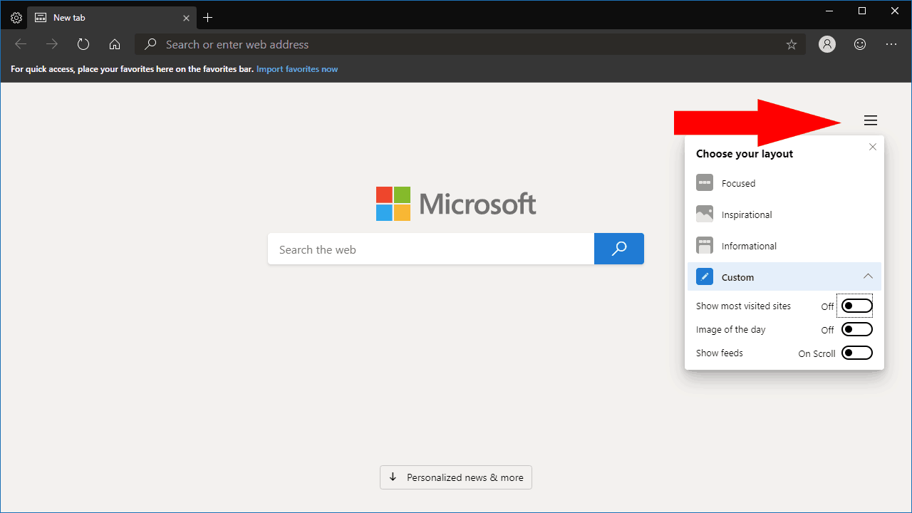 Personalización de la página de la nueva pestaña en Microsoft Edge Insider
