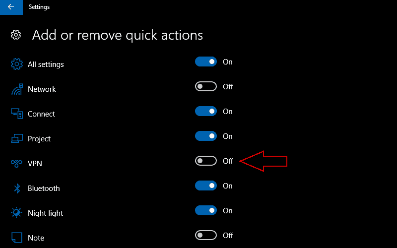 Captura de pantalla que muestra Windows 10 "Agregar o quitar acciones rápidas" pantalla