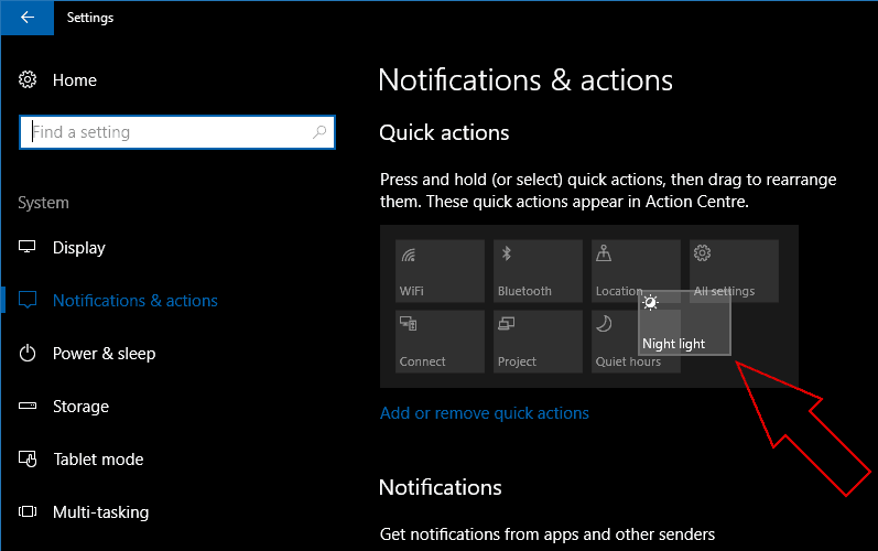 Captura de pantalla que muestra la reorganización de las acciones rápidas de Windows 10