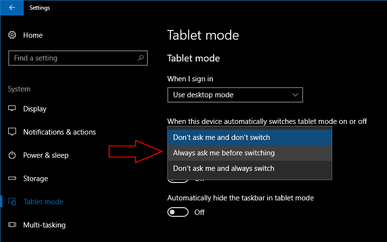 Captura de pantalla de la configuración del modo de tableta de Windows 10 para cambiar el comportamiento de Continuum