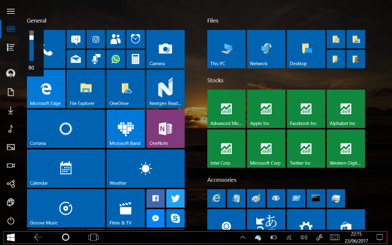 Captura de pantalla de la interfaz de la tableta Windows 10 con los iconos de la aplicación de la barra de tareas deshabilitados