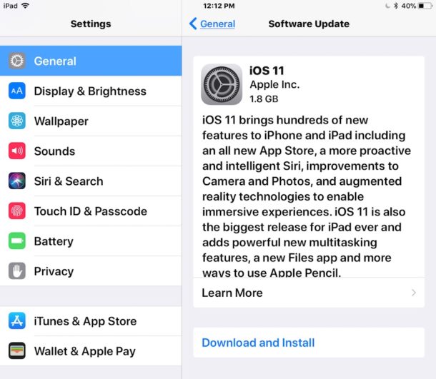 La actualización de iOS 11 se puede instalar en Actualización de software